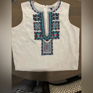 Embroidered White Women’s Sleeveless Top in Turquoise & Red
